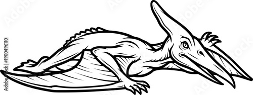 Pterodactyl pterosaur crawling on ground line art illustration
