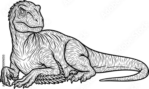 Raptor dinosaur resting on the ground looking backwards line art