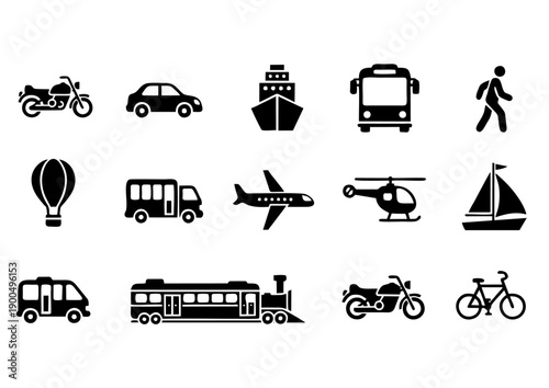 Modern transportation icons vector set including bicycle, car, bus, train, airplane, ship, motorcycle and hot air balloon.