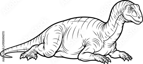 Resting iguanodon dinosaur sitting on the ground line art
