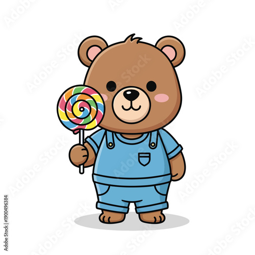 Adorable cartoon bear character standing cheerfully, holding a vibrant spiral lollipop, vector graphic