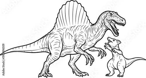 Spinosaurus with sail back interacting with small dinosaur