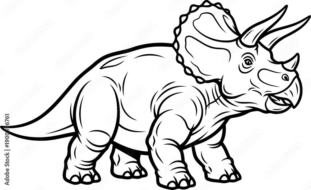 Fototapeta premium Three horned triceratops herbivore line art