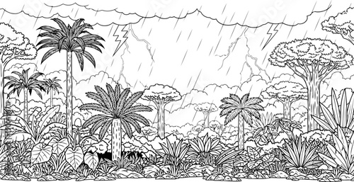 Stormy prehistoric jungle with lightning and heavy rain illustration