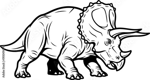 Three horned triceratops ceratopsian dinosaur walking in bold outline drawing