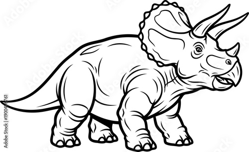Three horned triceratops herbivore line art