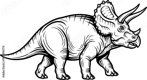 Triceratops horridus herbivore dinosaur line art illustration for coloring book