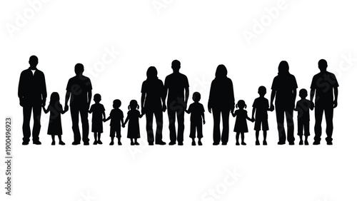 A diverse group of people standing in a line with varying heights and postures. Vector