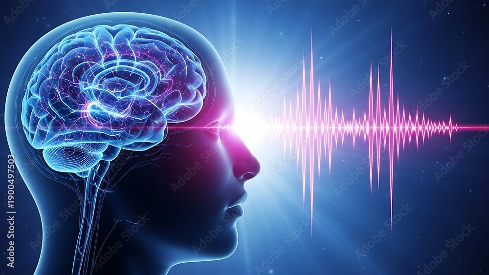 Obraz premium Conceptual visualization depicts the complex interplay between human consciousness and external auditory or neural wave frequencies interpreted within the glowing neurological structures of the brain.