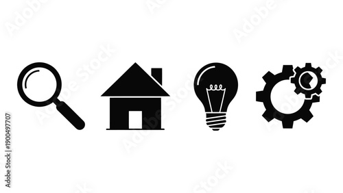 Four icons representing investigation, home, ideas, and mechanical processes Vector