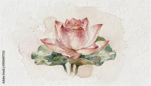 Serene pink lotus flower watercolor painting. Beautiful, gentle art illustration of nature, botanical design white background, feeling peaceful