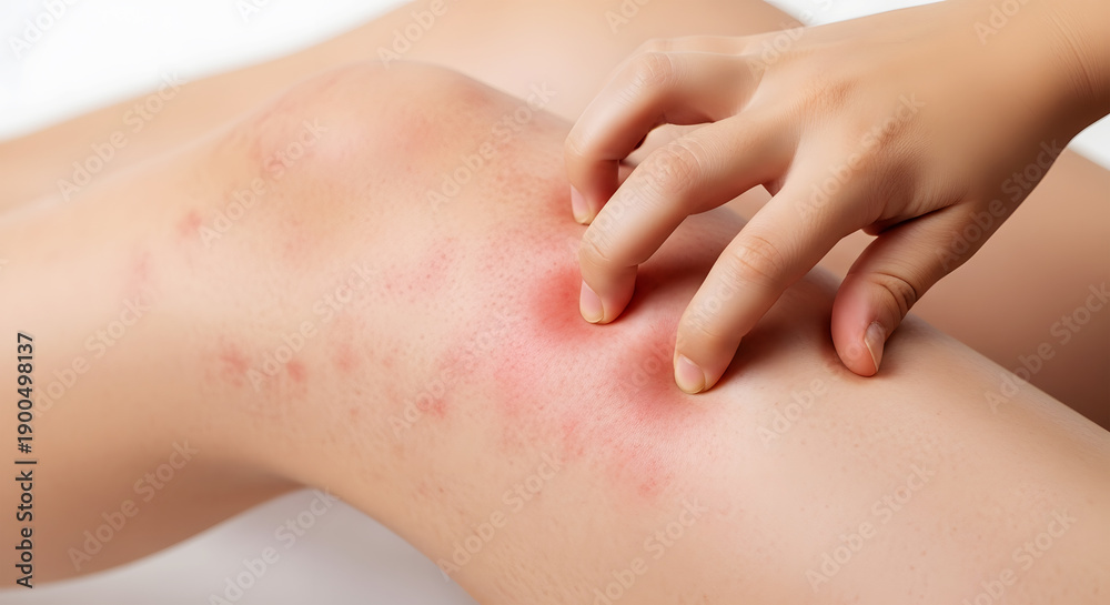 Fototapeta premium Person Scratching Red Rash on Knee with Fingers 
