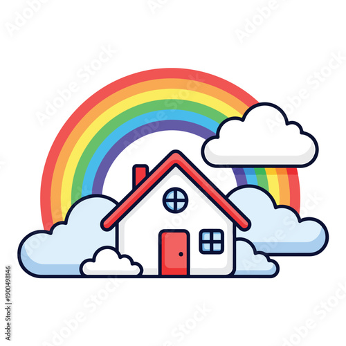 Vibrant Illustration of a Cozy Home with a Rainbow and Fluffy Clouds, Symbolizing Hope and Comfort
