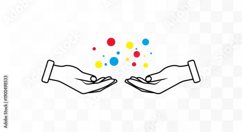 Two hands cupped with colorful floating dots rising between them on white background