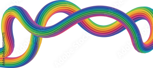 Vibrant rainbow-colored intertwined ribbon floats in mid-air, flowing smoothly from left to right, creating a lively atmosphere