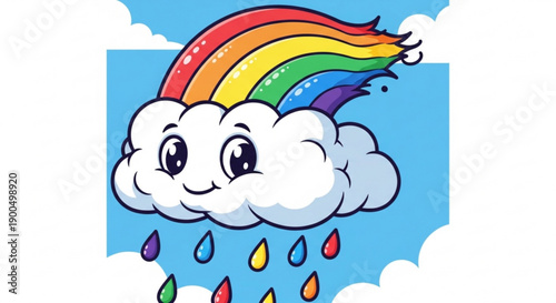 Smiling cartoon cloud with rainbow and colorful raindrops in blue sky with white clouds