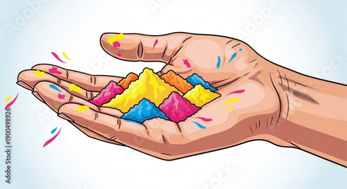 Hand holding colorful powder puffs for holi festival celebration on white background