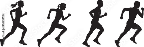 Four black silhouettes of people running on white background