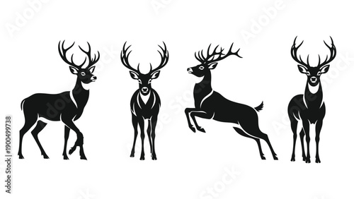 Four different types of deer silhouettes standing in a row. Vector