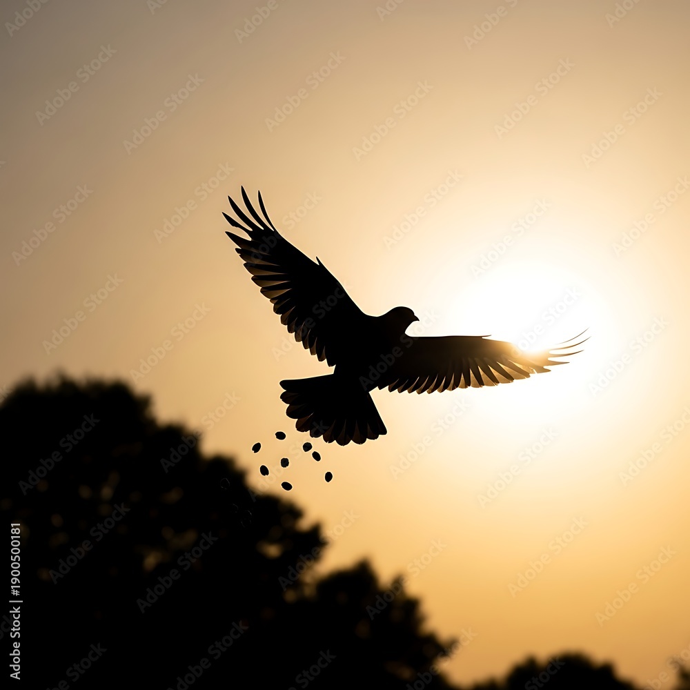 Fototapeta premium A bird in flight soaring through the sky at sunset with trees below