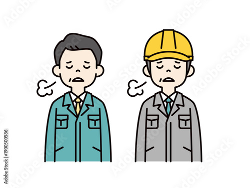 ため息をつく作業着の社長・従業員とヘルメットを被った現場作業員のベクターイラスト素材セット