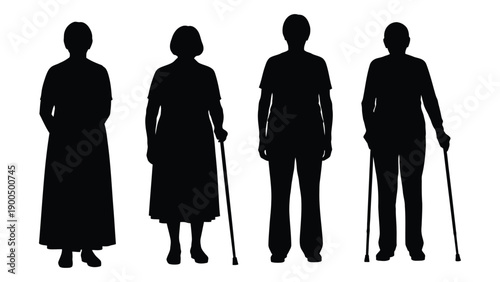 Silhouettes of elderly people with and without walking aids Vector