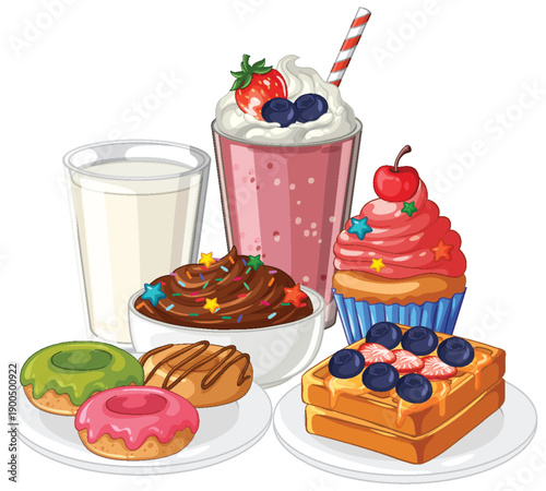 Assorted Sweet Desserts and Drinks Vector Illustration on White Background