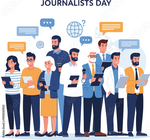 A diverse group of journalists standing together, holding notebooks and devices, surrounded by speech bubbles and icons on a white background, celebrating World Press Freedom Day and