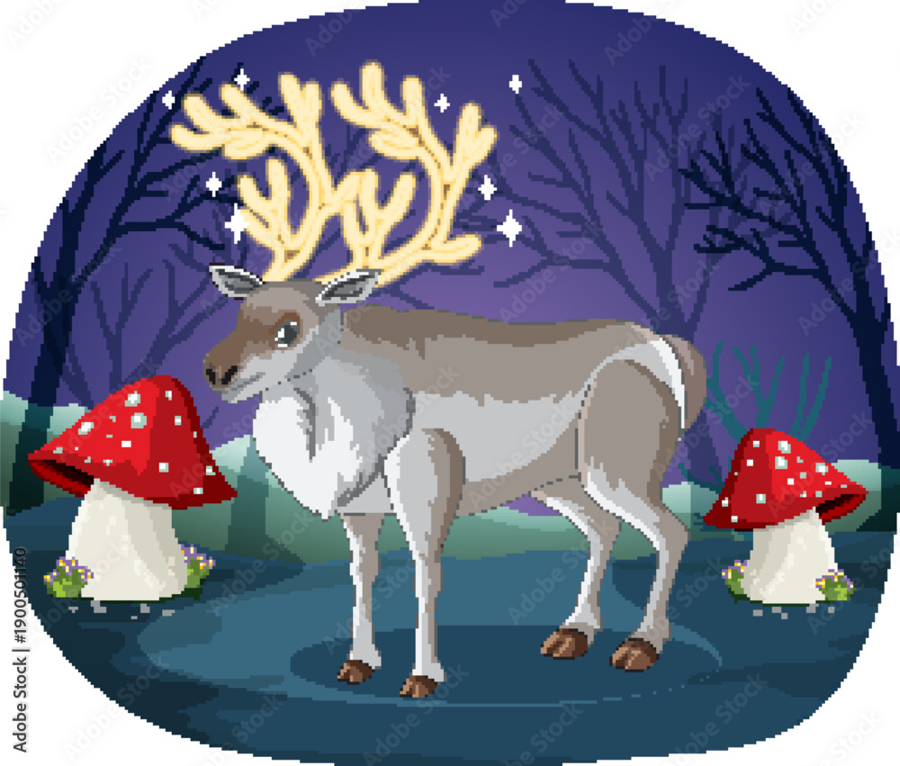Naklejka premium Magical Reindeer with Glowing Antlers Standing in a Night Forest