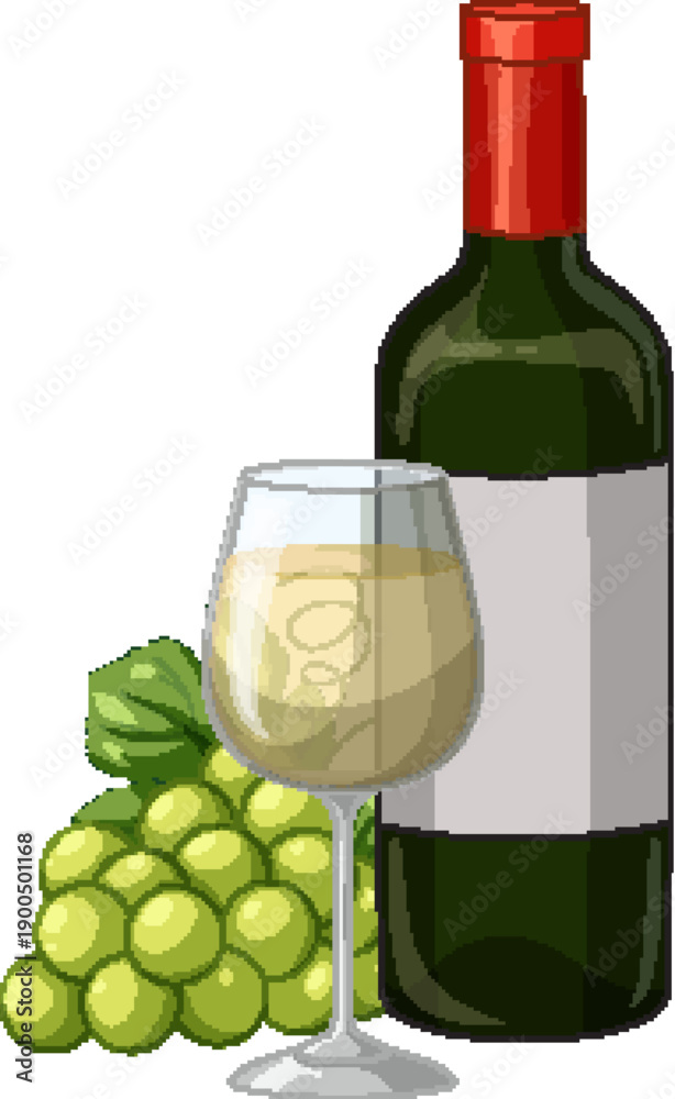 Fototapeta premium Vector Illustration of White Wine Bottle Glass and Green Grapes