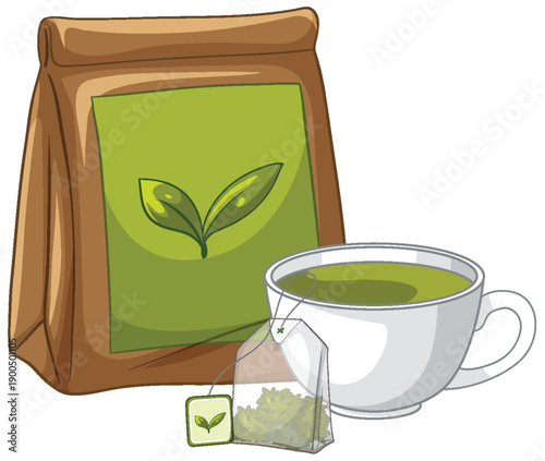 Green Tea Cup with Paper Bag and Tea Bag Illustration