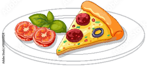 Vector Illustration of a Pepperoni Pizza Slice with Fresh Tomato and Basil