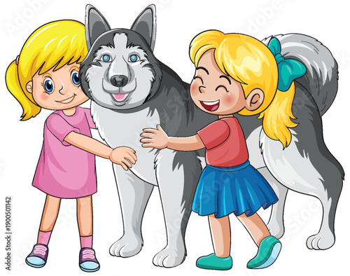 Two Young Girls Smiling and Hugging a Large Siberian Husky Dog