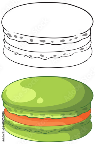 Green Macaron Vector Illustration with Black and White Line Art Version