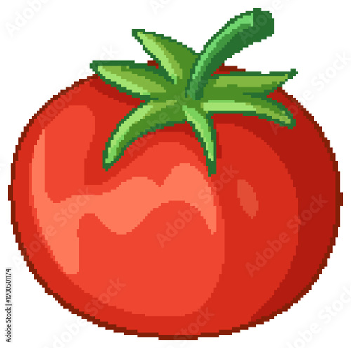 Fresh Red Tomato Vector Illustration with Green Stem and Leaves