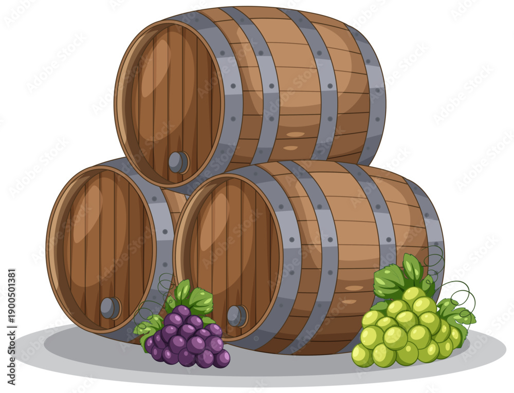 Naklejka premium Three Wooden Wine Barrels Stacked with Red and Green Grapes