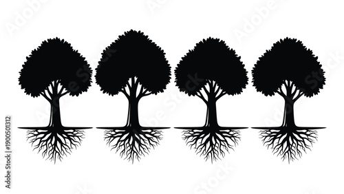 Four interconnected trees with shared roots in a black and white illustration Vector