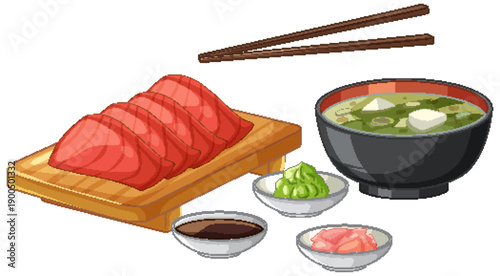 Japanese Sashimi Set with Miso Soup and Traditional Condiments