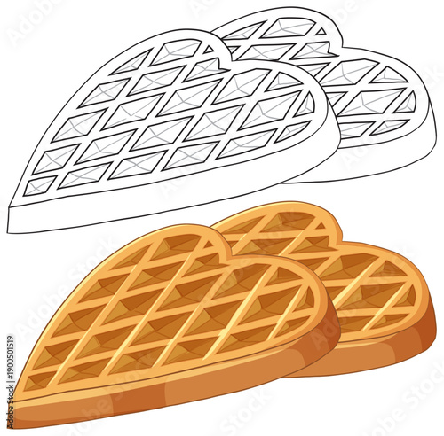Heart Shaped Waffles Vector Illustration in Color and Line Art