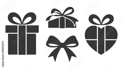 Four Black Silhouette Gift Boxes with Ribbons and a Heart Shape