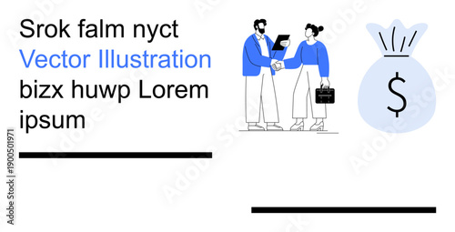 Business collaboration, investment opportunities, financial transactions, corporate strategy, teamwork, wealth management. Two professionals shaking hands near a money bag symbol. Business