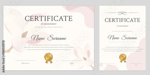 Elegant certificate template in landscape and portrait formats with a delicate floral background and gold printing. Fully editable vector for diplomas, awards, and official documents. For A4 printing
