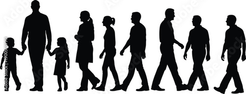 Human life cycle silhouettes, family growth from childhood to adulthood, men and women walking progression isolated white background illustration concept