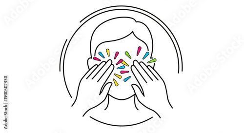 Person covering face with hands and colorful pills around eyes