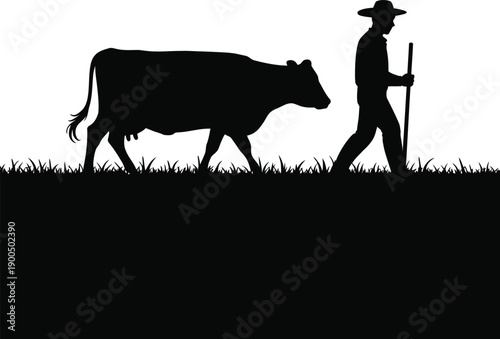 Farmer Herding Cow Silhouette Graphic