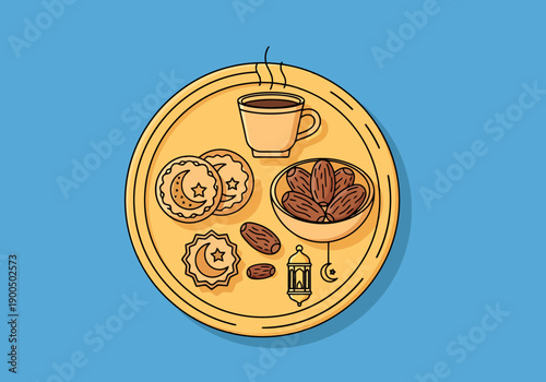 Morning refreshments with sweet dates cookies and hot coffee served on a tray for a religious holiday celebration or daily ritual