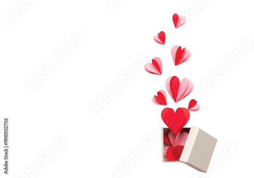 A white gift box with red and pink hearts flying out against a black background