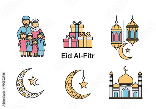 Collection of Islamic holiday celebration symbols and elements for digital and print design projects promoting cultural events and joyous occasions