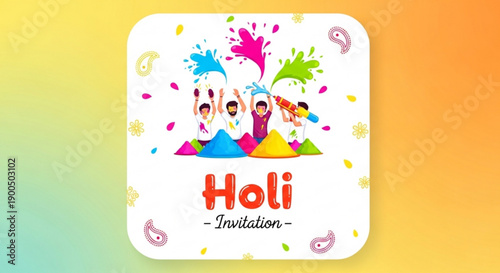 Vibrant holi festival invitation card with colorful splashes and celebratory people on gradient background