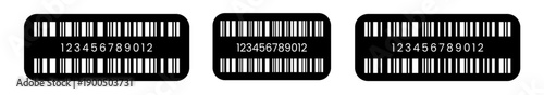 Vector fake long barcode illustration with transparent background, showing white vertical bars and numeric code on black rounded labels for retail mockup and scanning design.